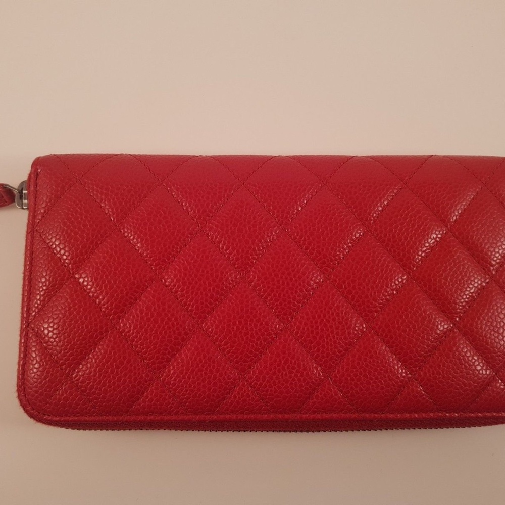 AUTH - Chanel Quilted Caviar Leather Zip around Long Wallet - Red - Good Used - Picture 7 of 16